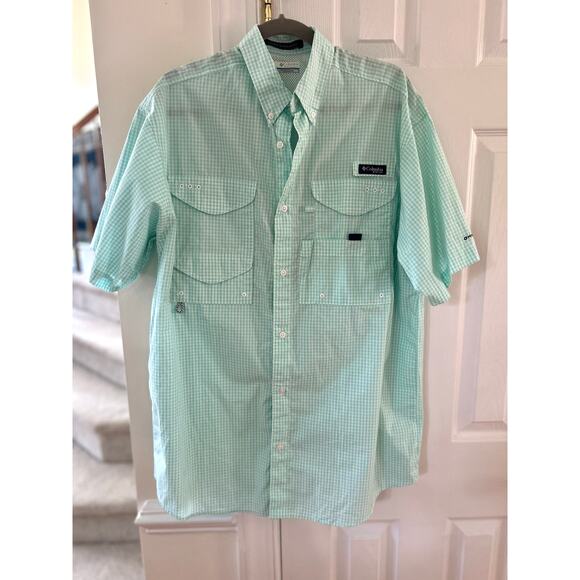 Columbia Mint Green Gingham PFG Fishing Short Sleeve Button Down - Picture 1 of 5